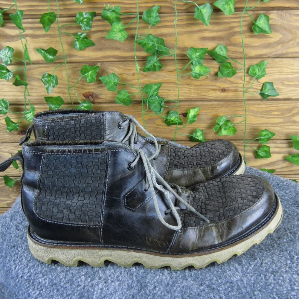Sorel Moc Woven Men's 10 Brown Leather Lace-Up Boots Waterproof Traction Comfort